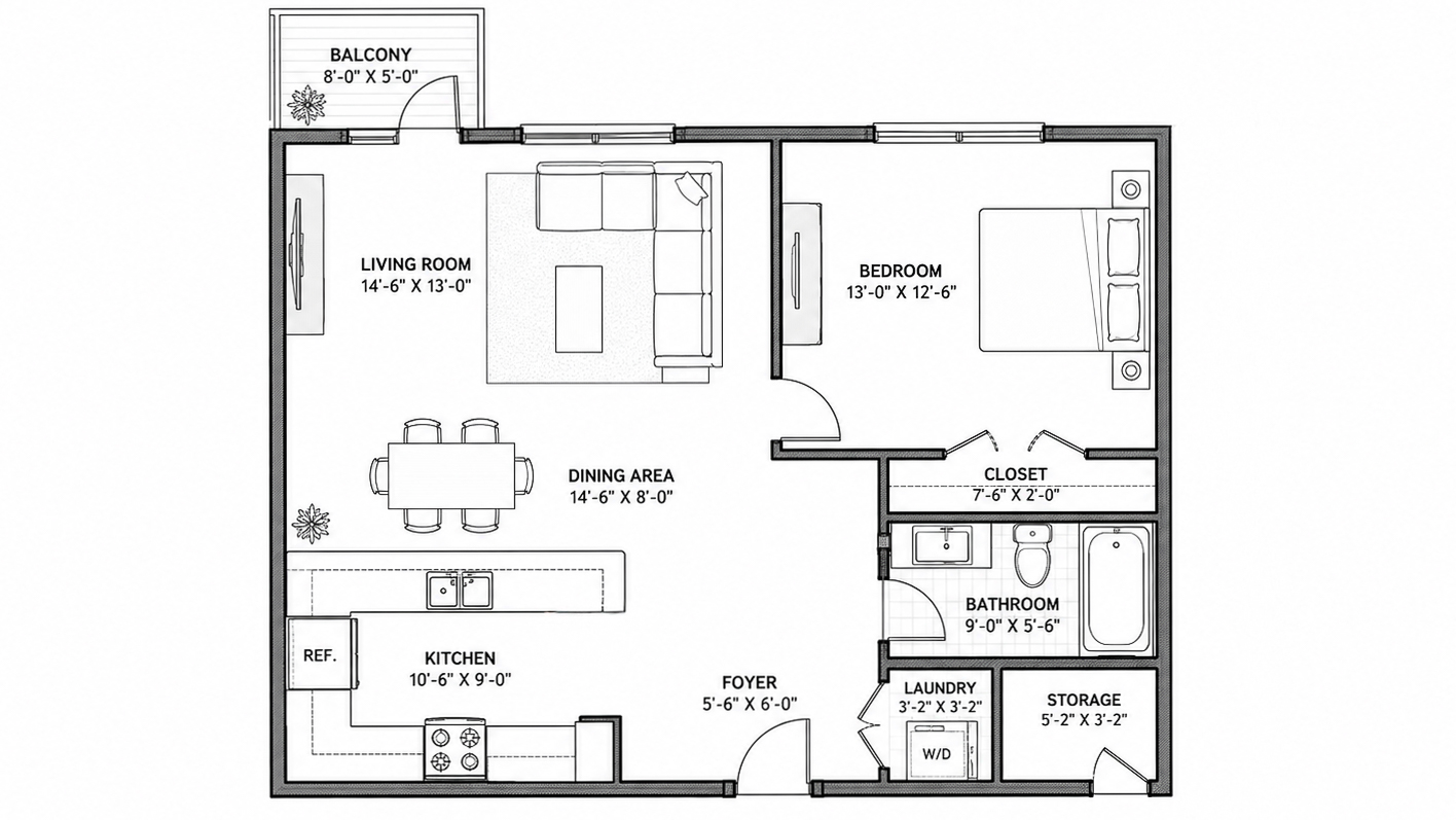 One-bedroom architectural floor plan