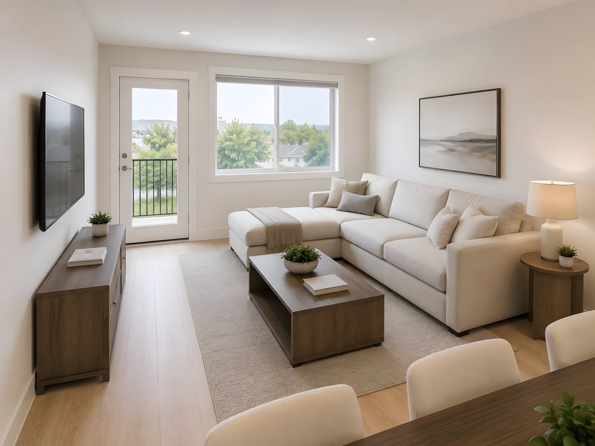 Photo-real render of an open living room with a sectional sofa, wood coffee table and balcony door